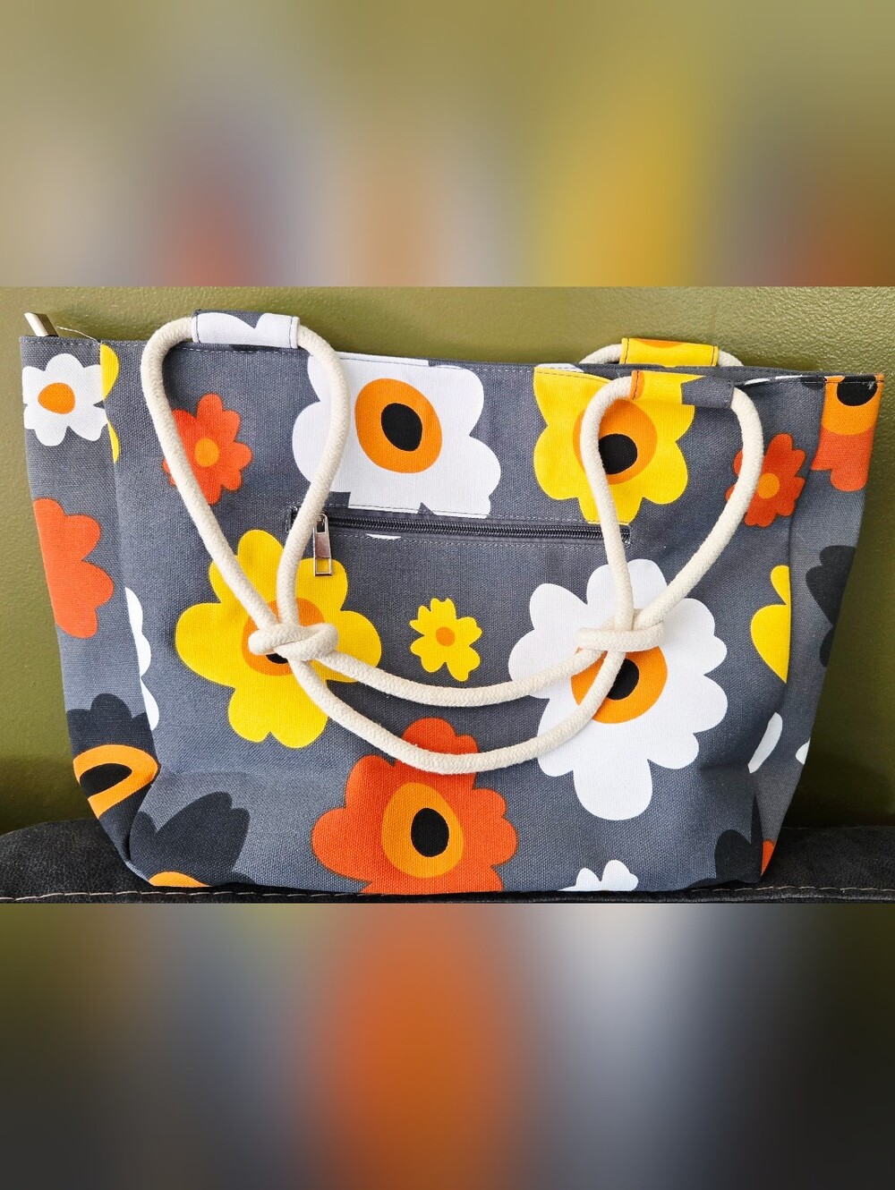 Floral Canvas Tote Bag in Gray with Yellow & Orange Flowers. NEVER USED